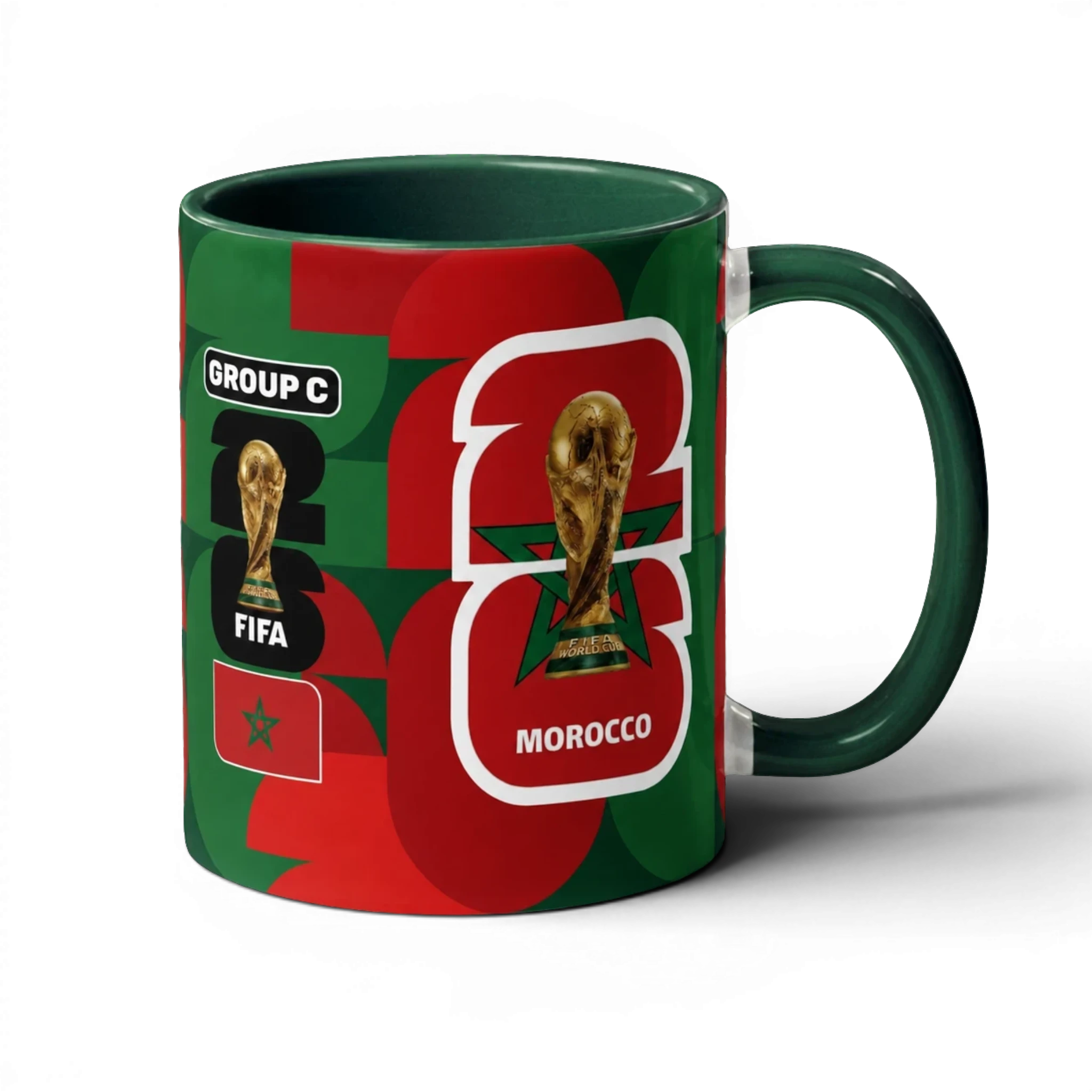 Fann Bliss Morocco World Cup 2026 commemorative ceramic mug in green and red, featuring FIFA trophy and Group C details.