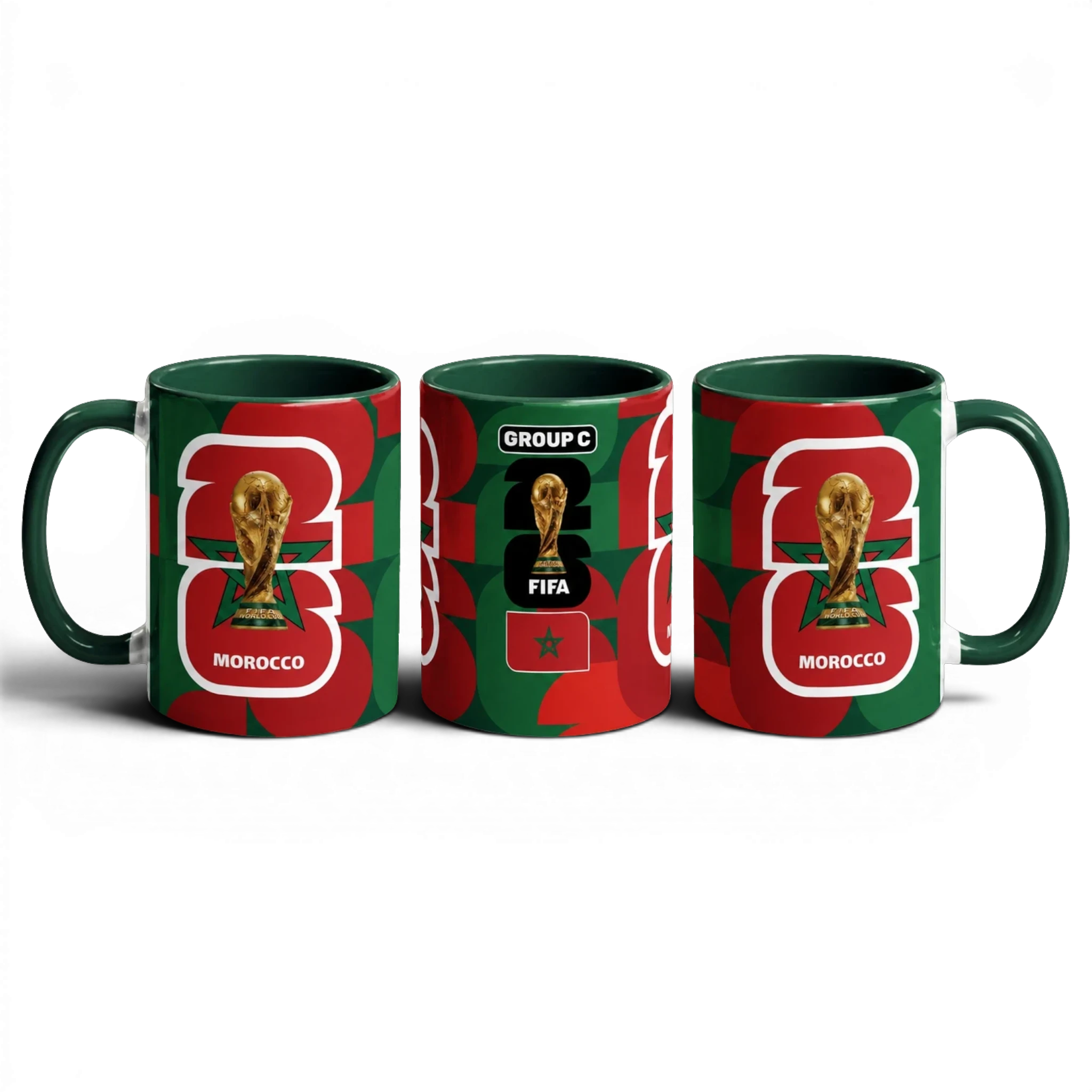 Fann Bliss Morocco World Cup 2026 commemorative ceramic coffee mug in green and red with FIFA trophy and "GROUP C" detail.