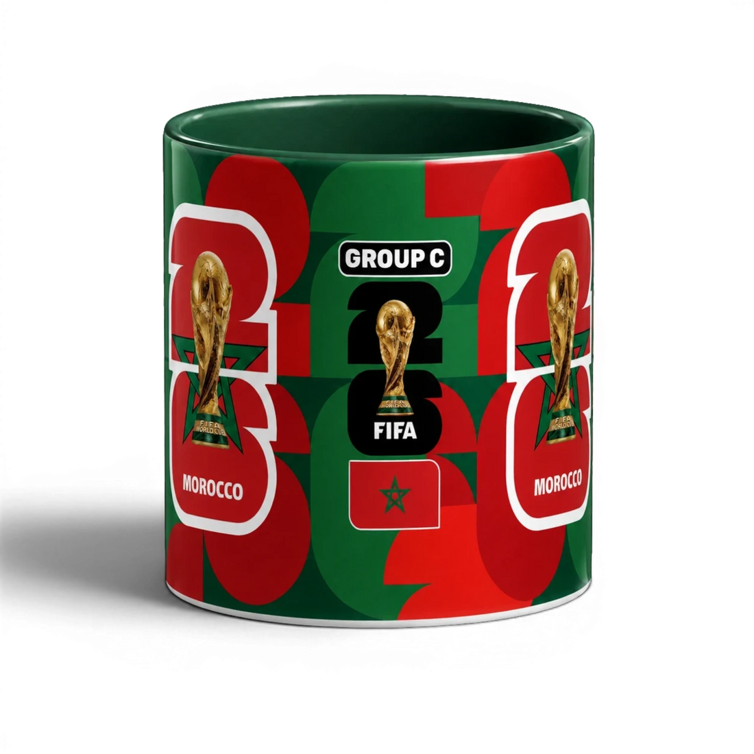 Fann Bliss Morocco World Cup 2026 commemorative ceramic mug in green and red with FIFA trophy and Group C details.