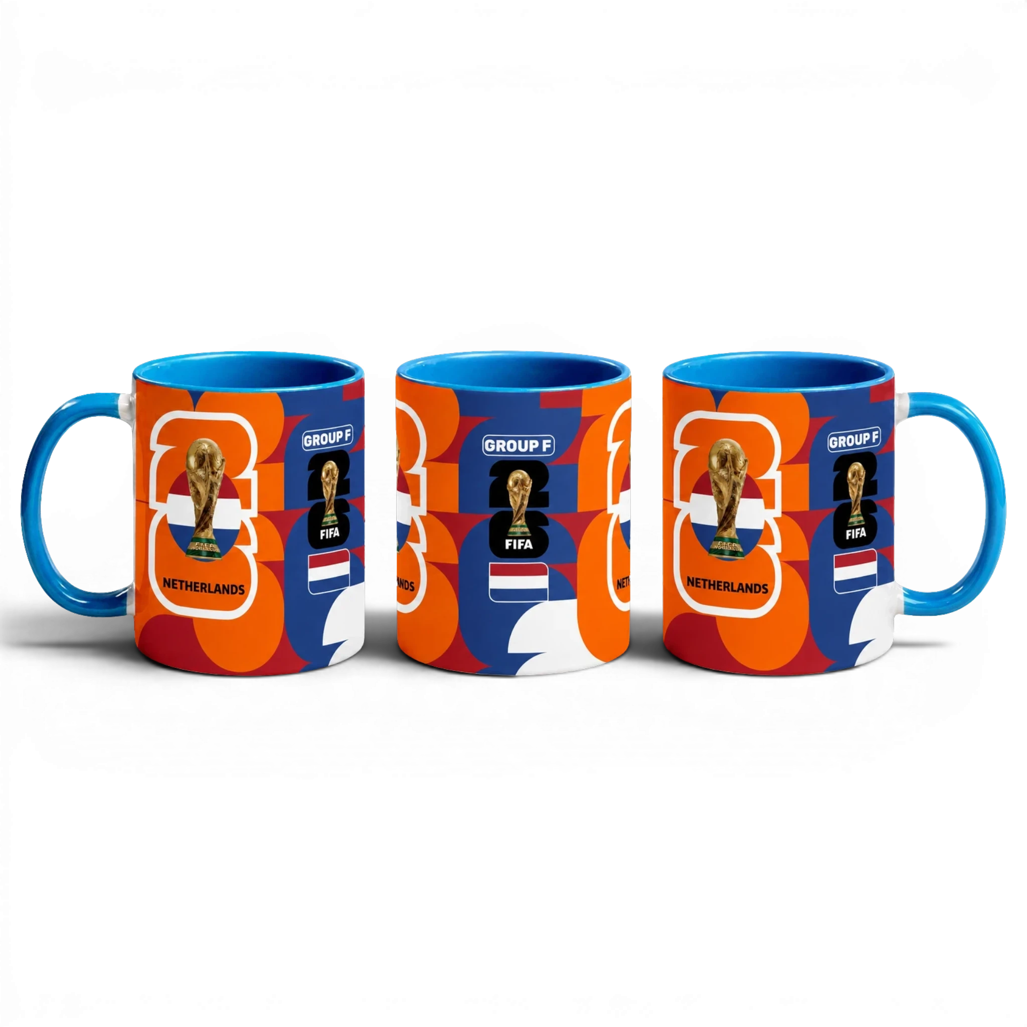 Fann Bliss Netherlands World Cup commemorative ceramic coffee mug with orange, blue, and white abstract design, FIFA trophy, and flag.