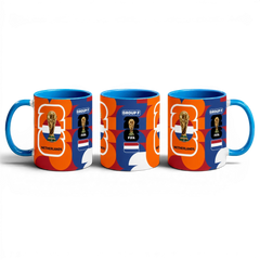 Fann Bliss Netherlands World Cup commemorative ceramic coffee mug with orange, blue, and white abstract design, FIFA trophy, and flag.