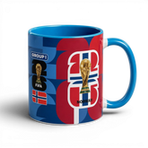 Fann Bliss Norway World Cup ceramic coffee mug with trophy graphic, Norwegian flag, and blue interior and handle.