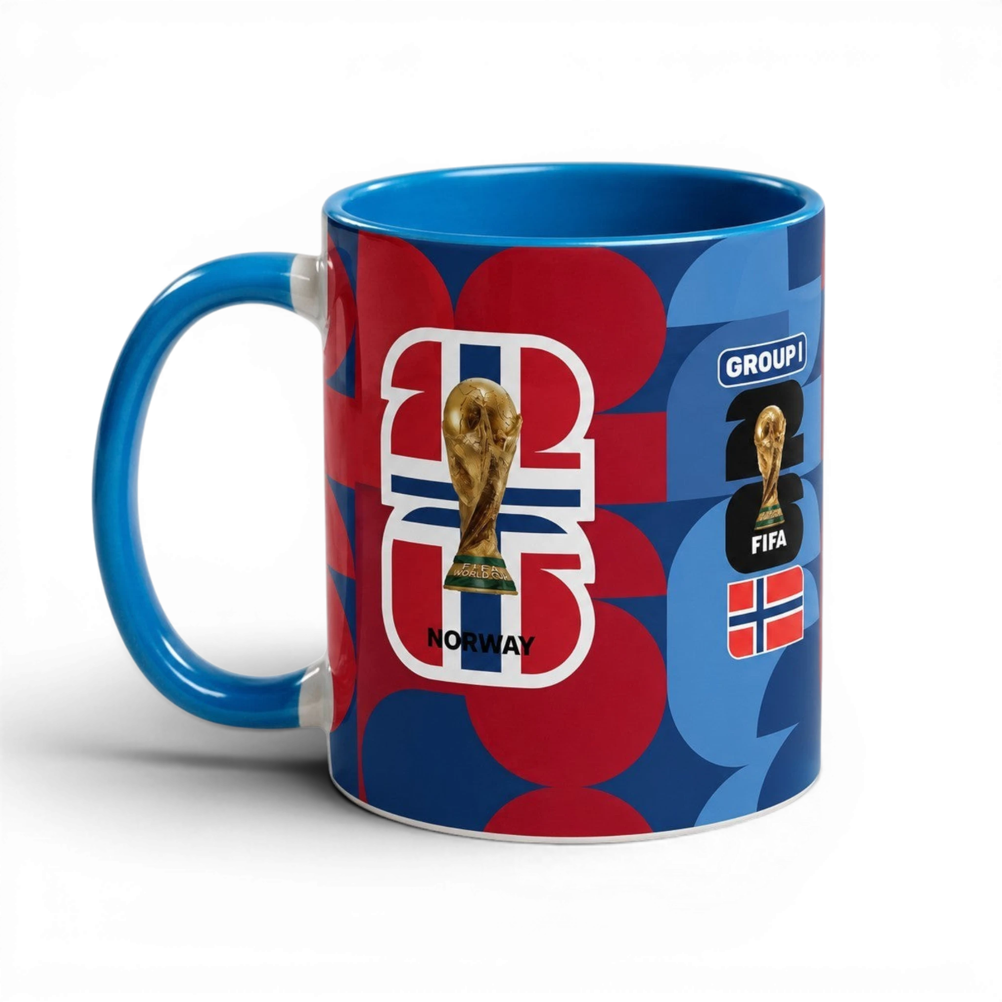 Fann Bliss Norway World Cup ceramic coffee mug with trophy graphic, Norwegian flag, and blue handle on white background.