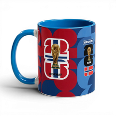 Fann Bliss Norway World Cup ceramic coffee mug with trophy graphic, Norwegian flag, and blue handle on white background.
