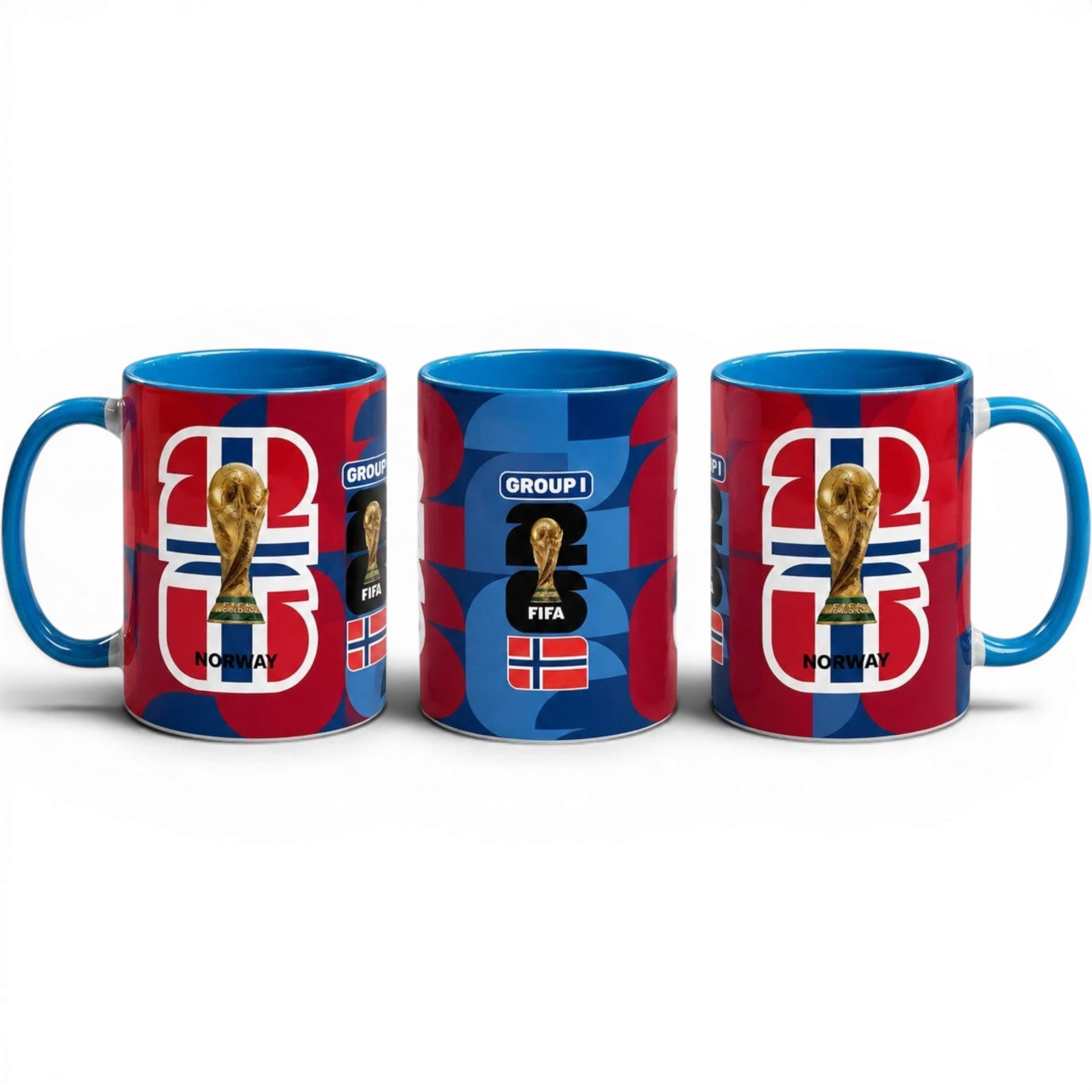 Fann Bliss Norway World Cup ceramic coffee mug with FIFA trophy graphic, Norwegian flag, and blue handle.