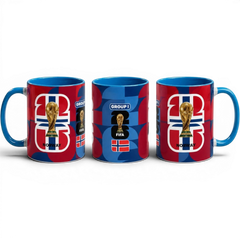 Fann Bliss Norway World Cup ceramic coffee mug with FIFA trophy graphic, Norwegian flag, and blue handle.