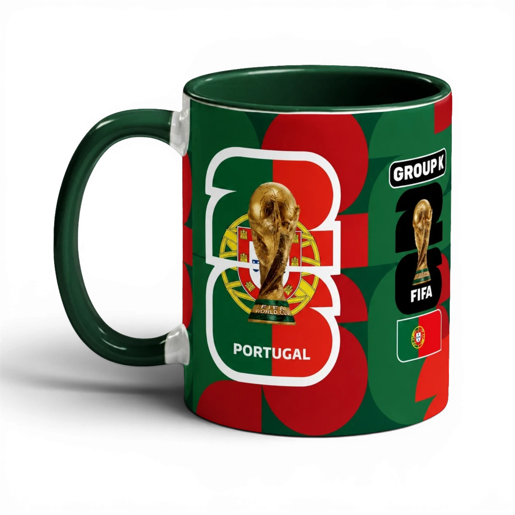 Fann Bliss Portugal FIFA World Cup commemorative mug in green and red with trophy and flag graphics.
