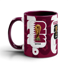 Fann Bliss FIFA World Cup Qatar 2022 commemorative mug in maroon and white with trophy graphic and 'Group B' designation.