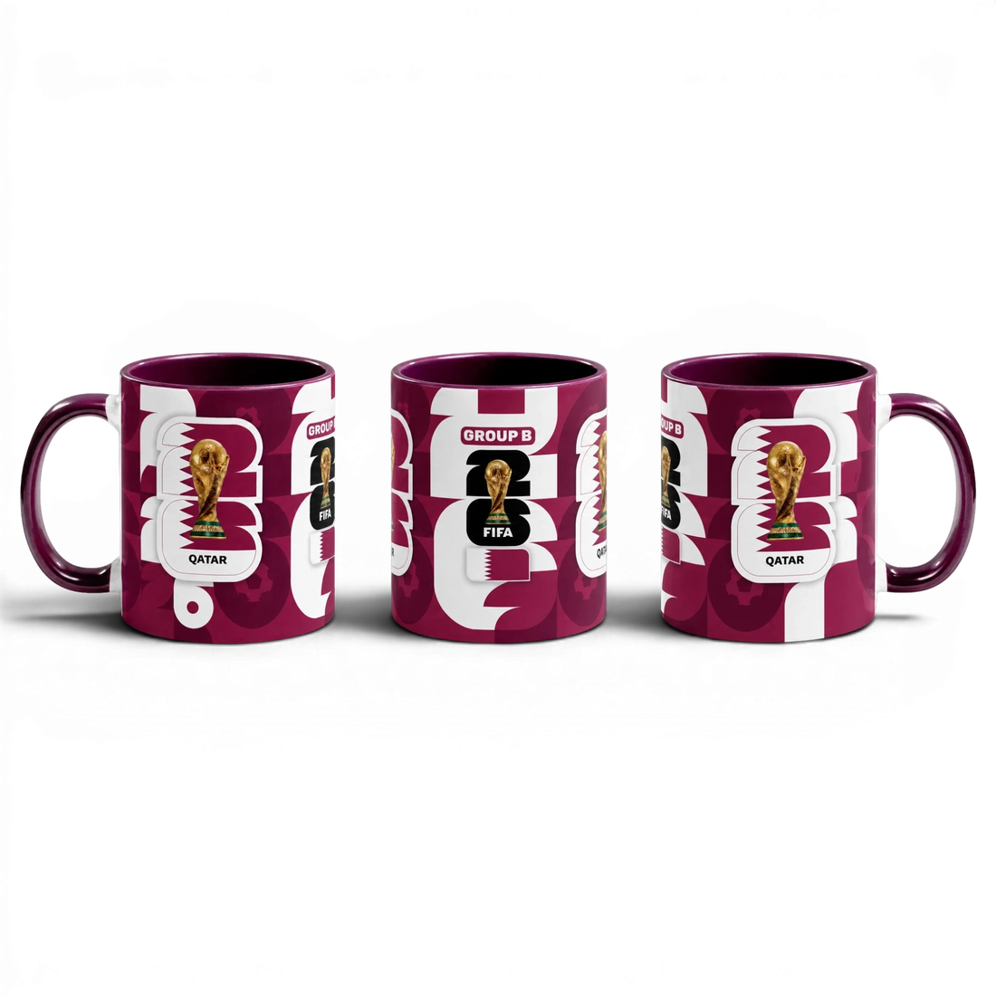 Fann Bliss FIFA World Cup Qatar 2022 commemorative mug in maroon and white with trophy and Group B designation.