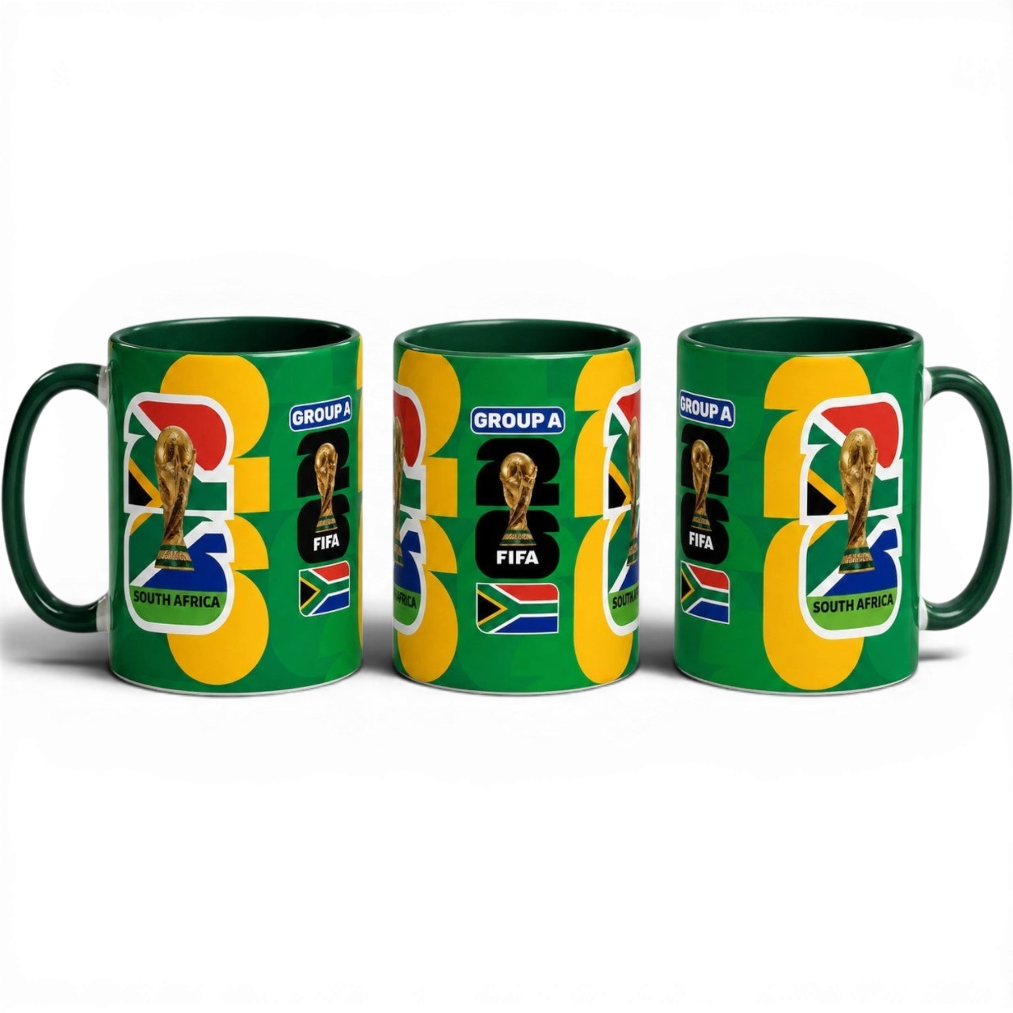 Fann Bliss 2026 FIFA World Cup South Africa ceramic mug with trophy and flag graphics on a deep green background.