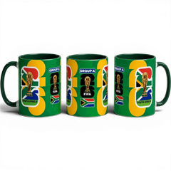 Fann Bliss 2026 FIFA World Cup South Africa ceramic mug with trophy and flag graphics on a deep green background.