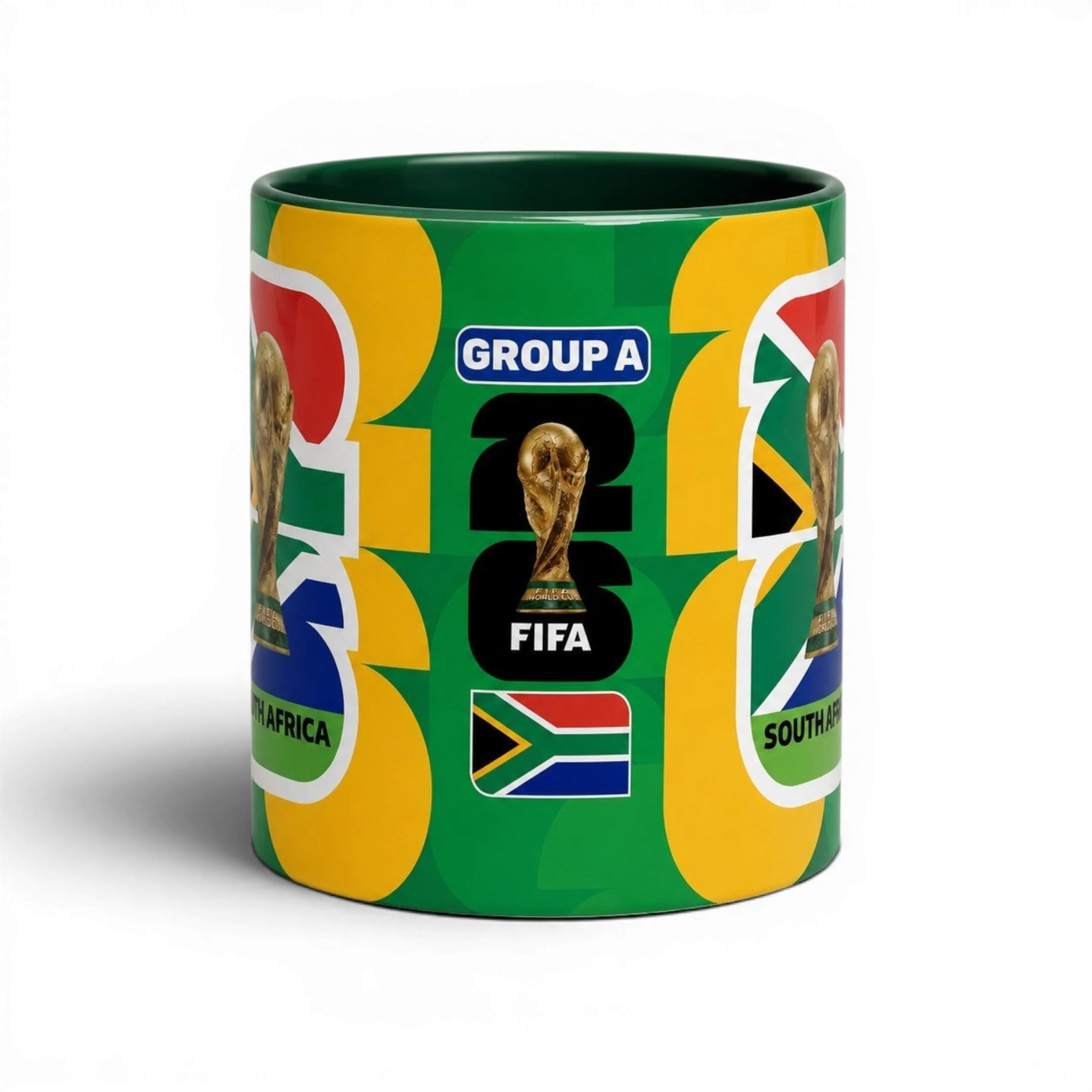 Fann Bliss 2026 FIFA World Cup South Africa ceramic mug with trophy and flag graphics on a green background.