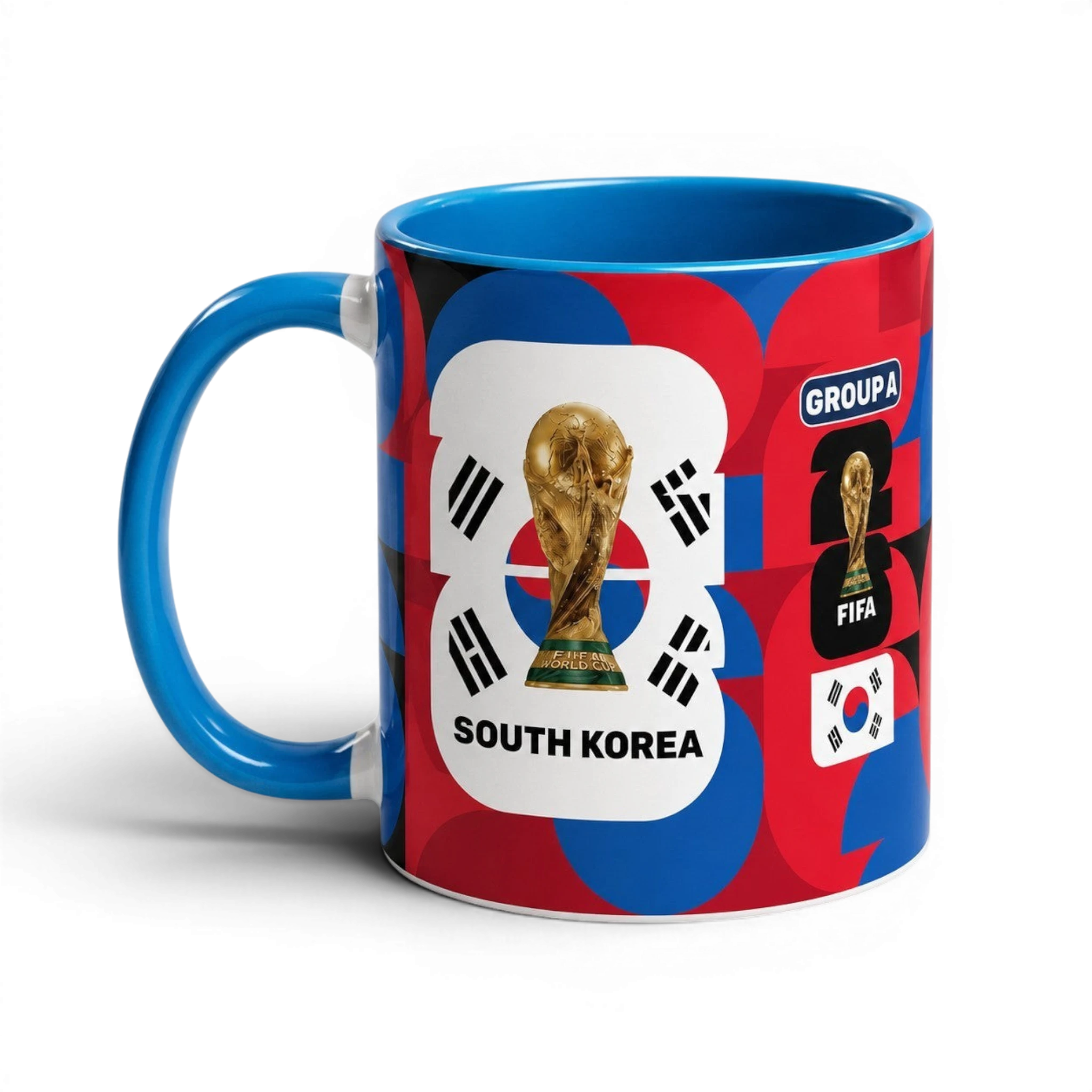 Fann Bliss South Korea World Cup ceramic mug with trophy graphic, blue interior, and red, blue, and black patterns.