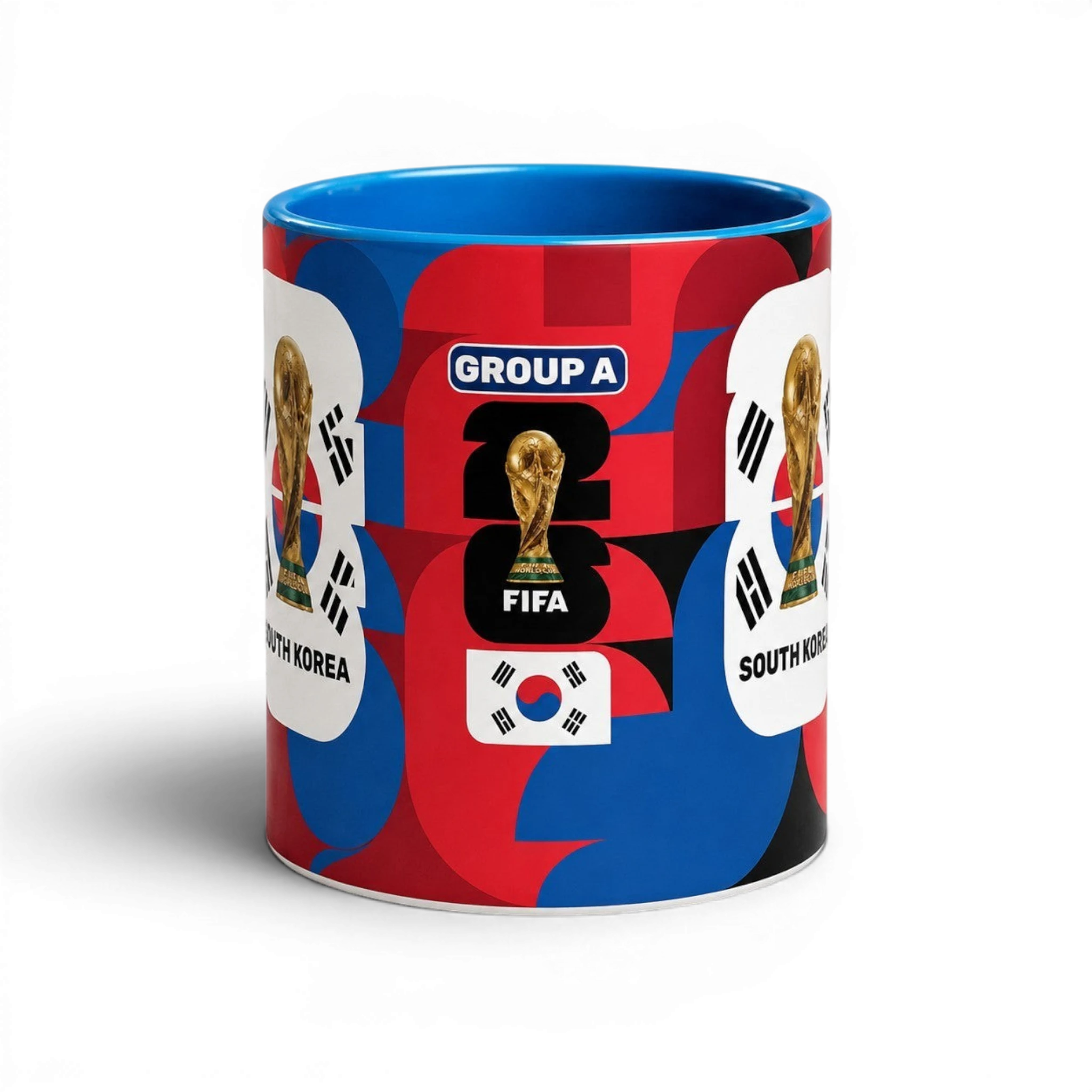 Fann Bliss South Korea FIFA World Cup ceramic mug with trophy graphic, blue interior, and red and blue geometric pattern