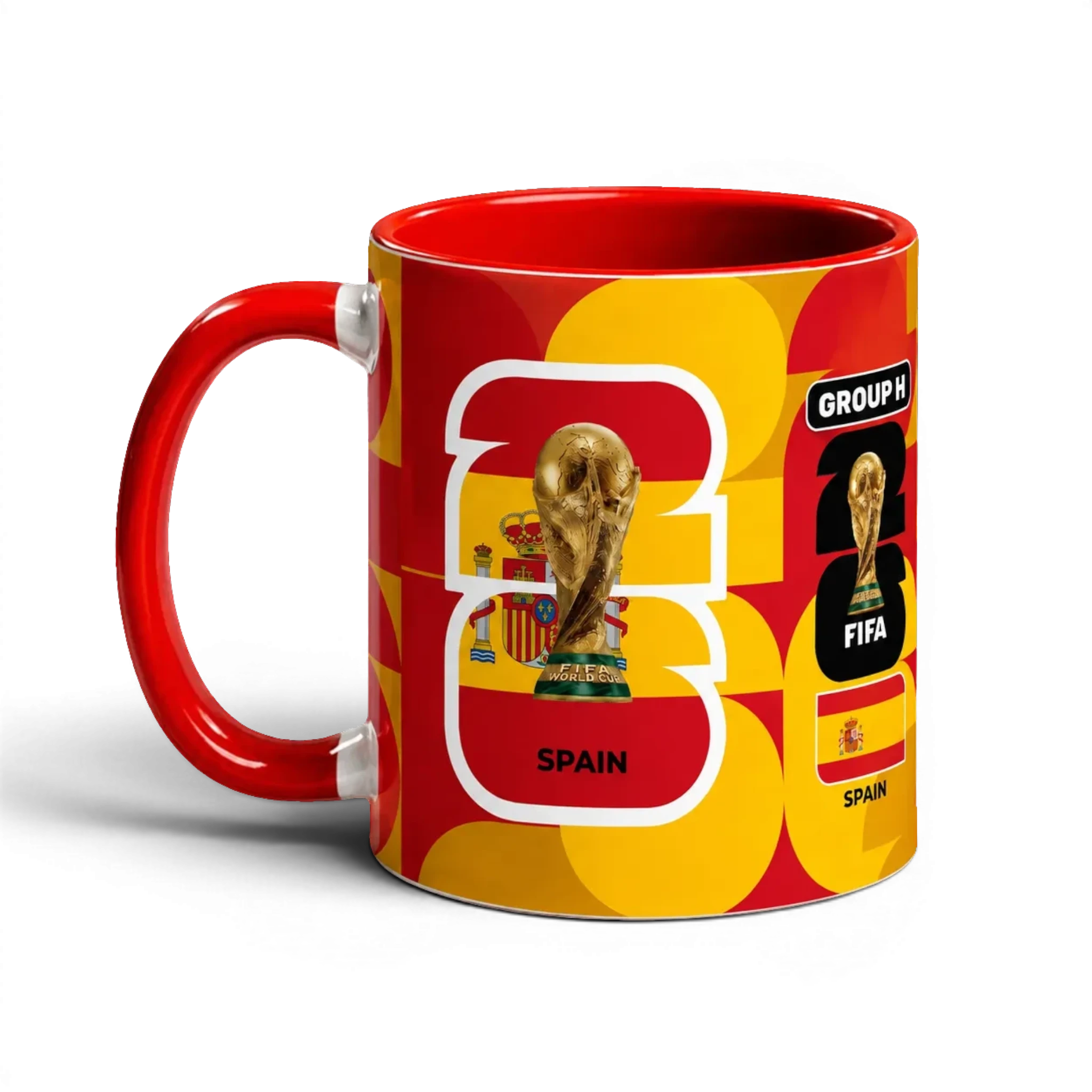 Fann Bliss Spain FIFA World Cup commemorative mug in red and yellow, featuring the trophy and flag.