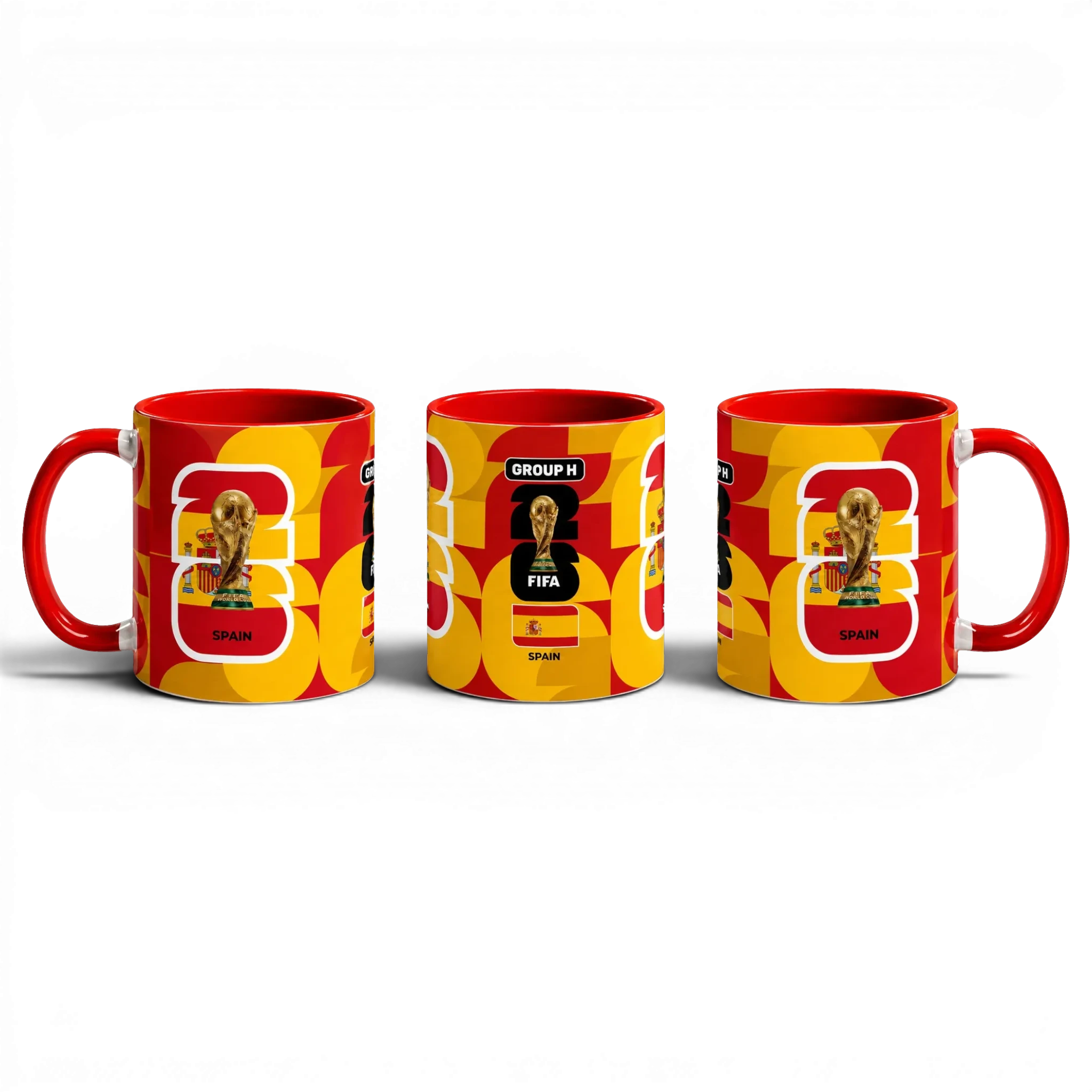 Fann Bliss Spain FIFA World Cup commemorative mug with Spanish flag and trophy design in red and yellow.