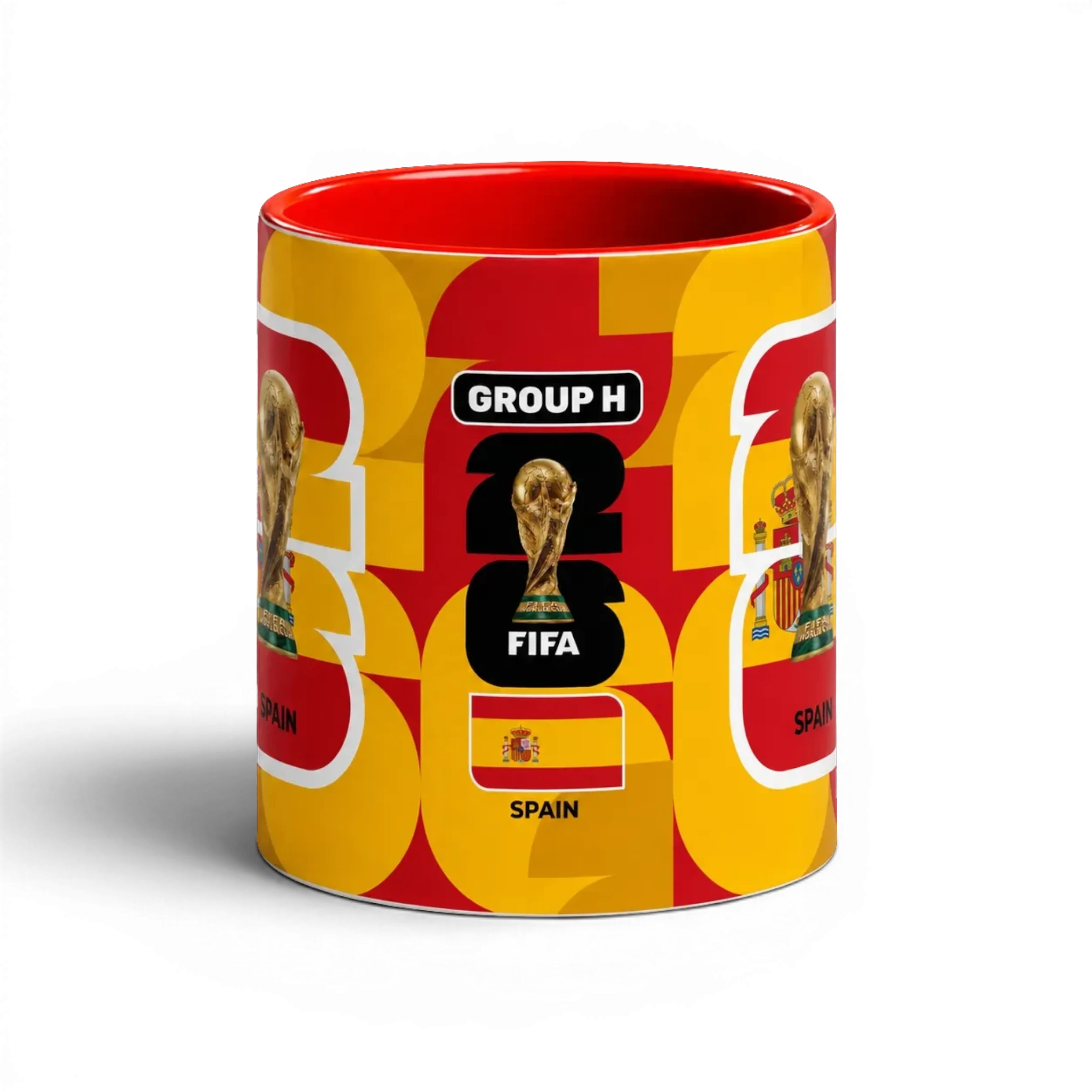 Fann Bliss Spain FIFA World Cup commemorative mug in red and yellow with trophy and flag graphics.