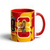 Fann Bliss Spain FIFA World Cup commemorative mug in red and yellow with trophy and flag design. Ceramic.