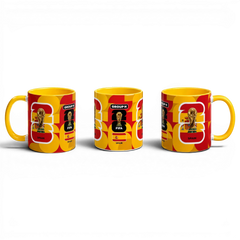 Fann Bliss Spain FIFA World Cup commemorative ceramic mug in red and yellow with trophy and flag design.