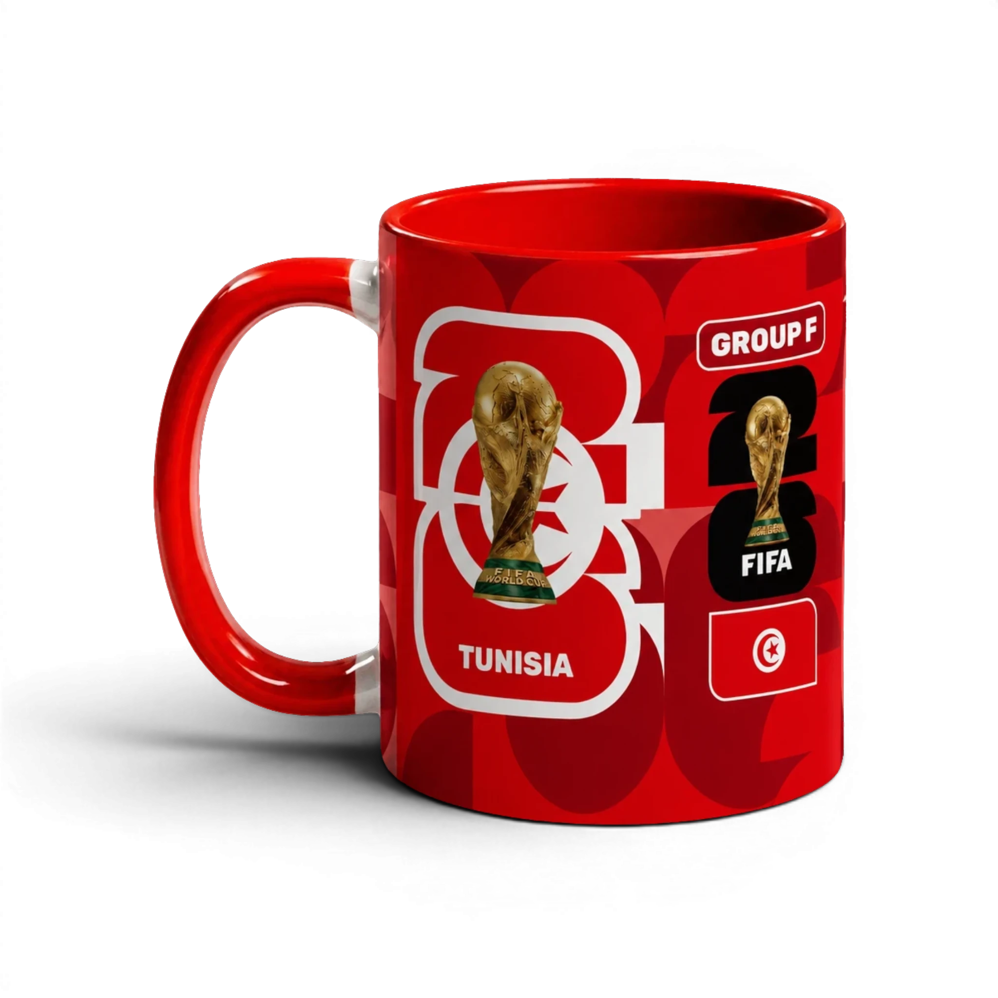 Fann Bliss Tunisia FIFA World Cup 2026 commemorative mug, red ceramic with trophy, flag, and team details.