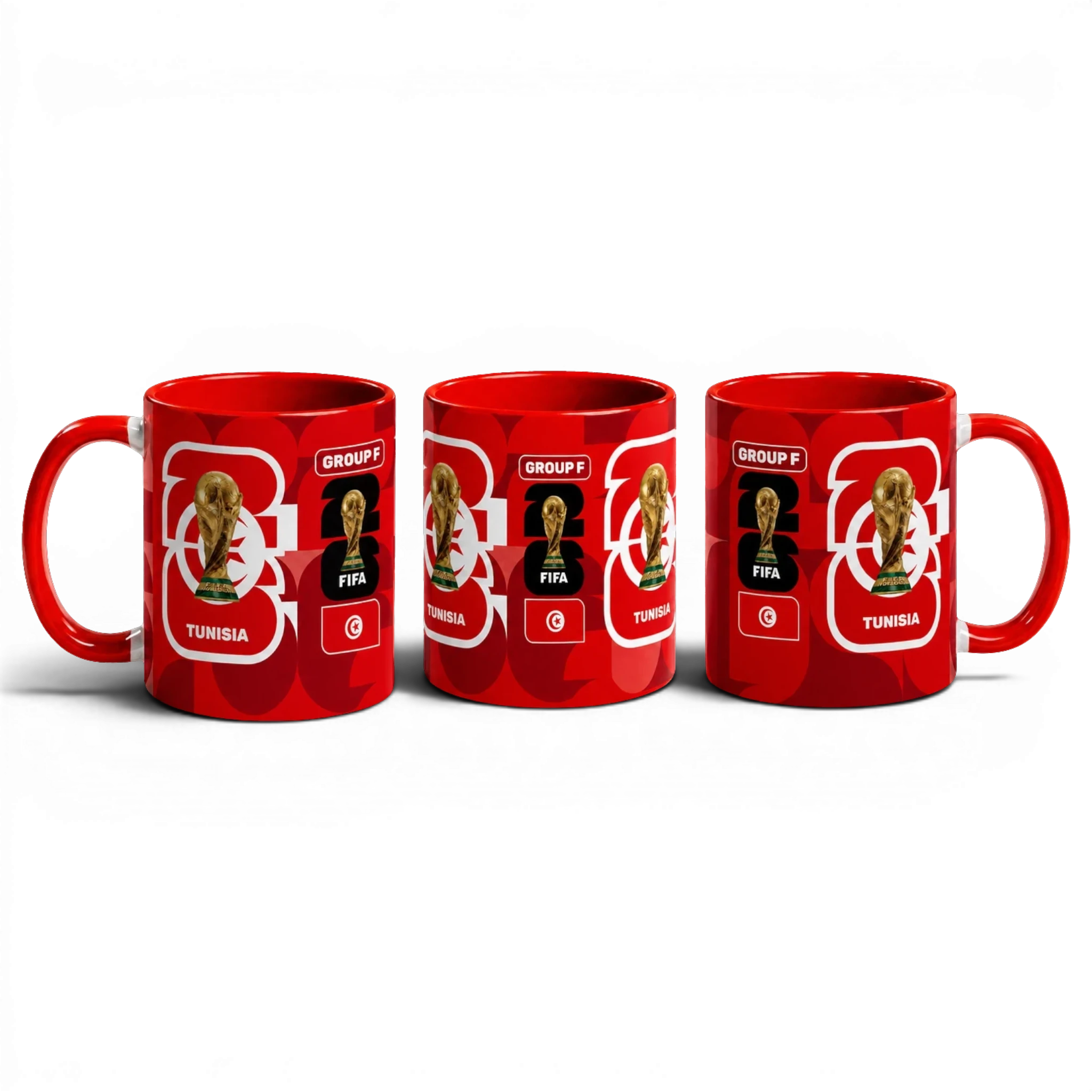 Fann Bliss Tunisia FIFA World Cup 2026 commemorative red ceramic mug with trophy and flag details.