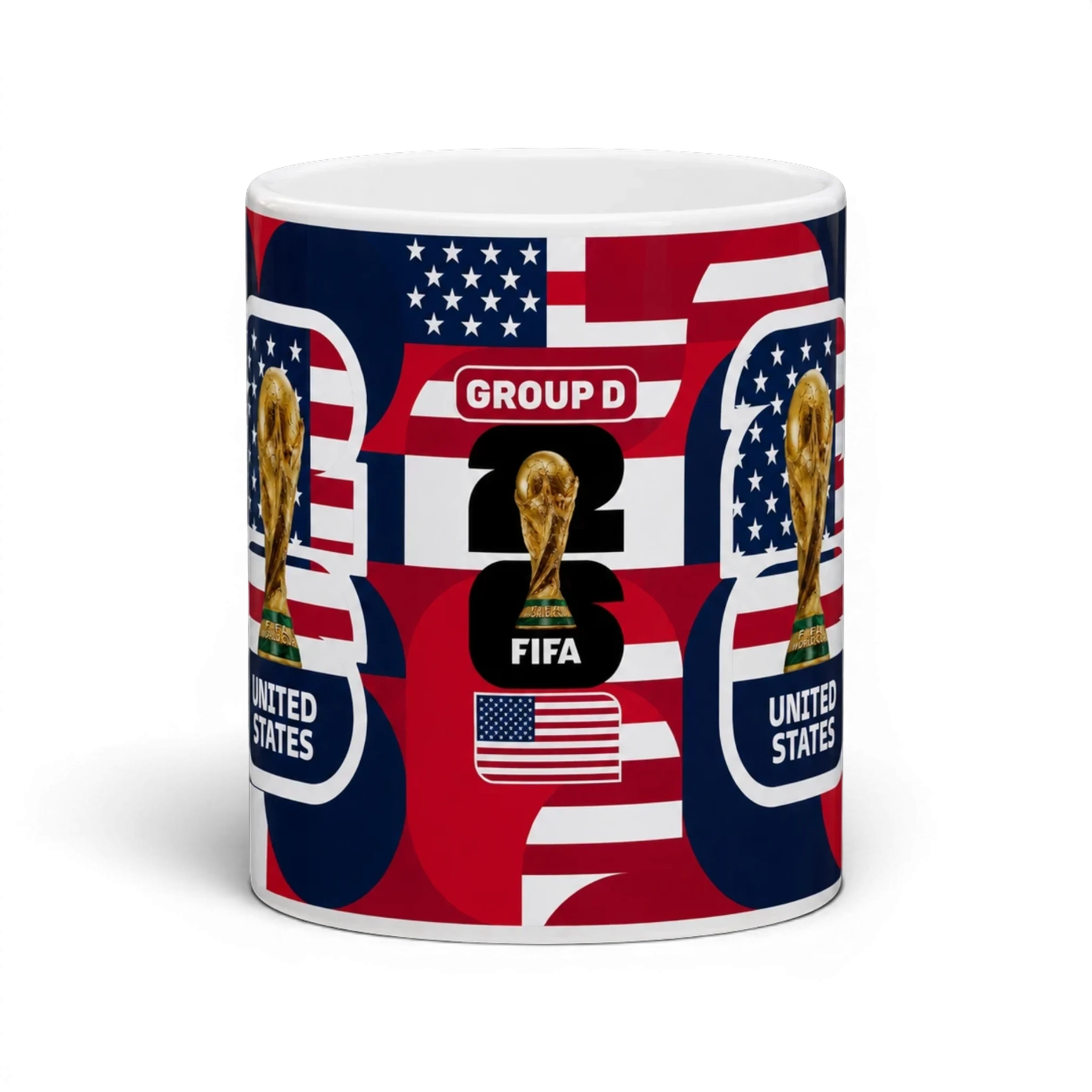 Fann Bliss United States FIFA World Cup 2026 commemorative mug with trophy, Group D, and US flag design.