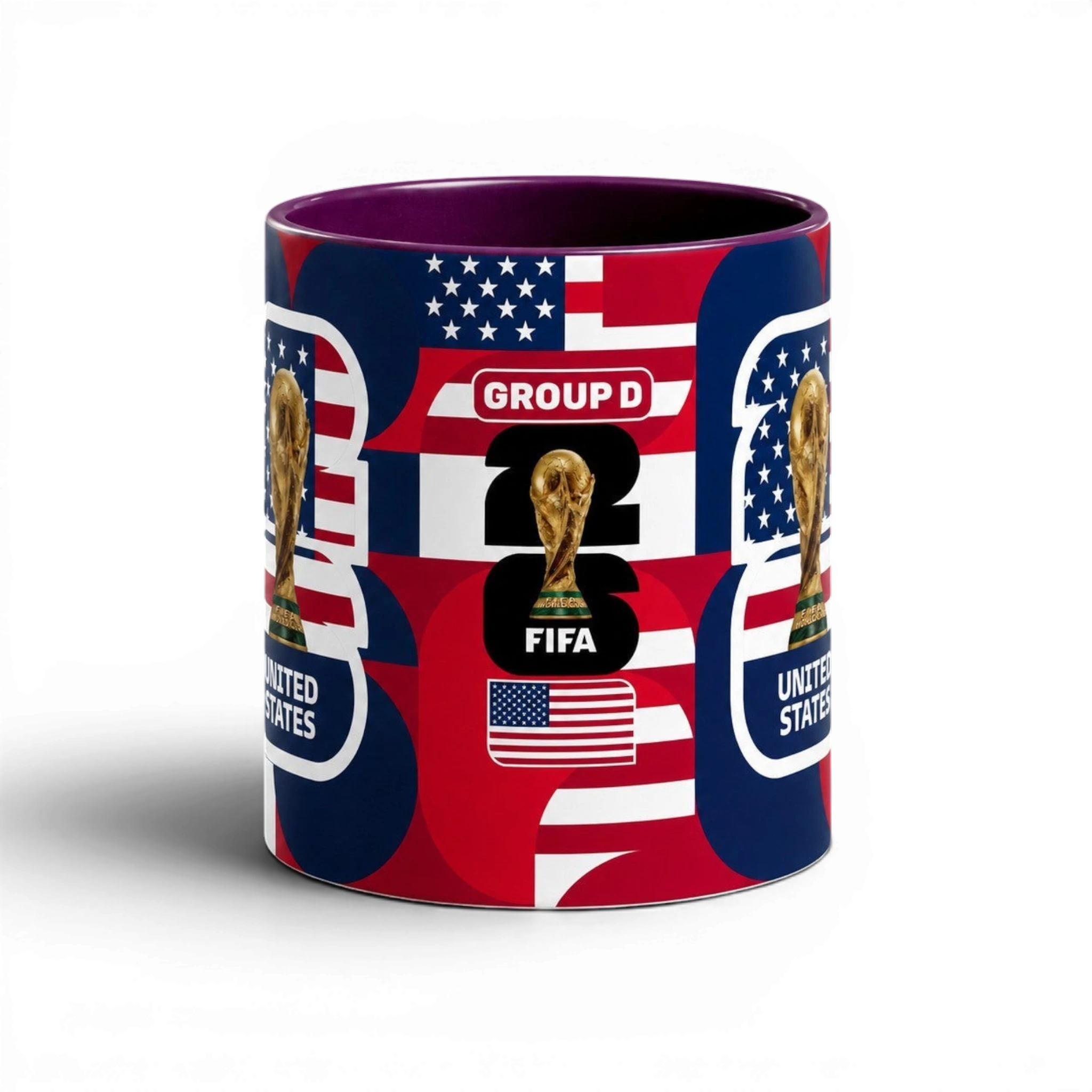 Fann Bliss ceramic mug featuring United States World Cup 2026 graphics, FIFA trophy, and red, white, and blue design.