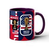 Fann Bliss ceramic mug featuring United States World Cup graphics, FIFA trophy, and red, white, and blue design.