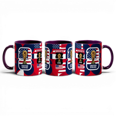 Fann Bliss ceramic mug featuring United States World Cup 2026 graphics, trophy, and red, white, and blue design.