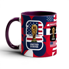 Fann Bliss ceramic mug featuring United States World Cup 2026 graphics, trophy, and red, white, and blue design.