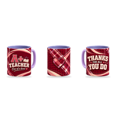 A Plus Teacher Mug – 320ml, Light Purple ceramic mug, three-angle overview of the Teacher’s Day artwork