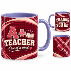 A Plus Teacher Mug – 320ml, light purple ceramic mug, views of the full-wrap Teacher’s Day design
