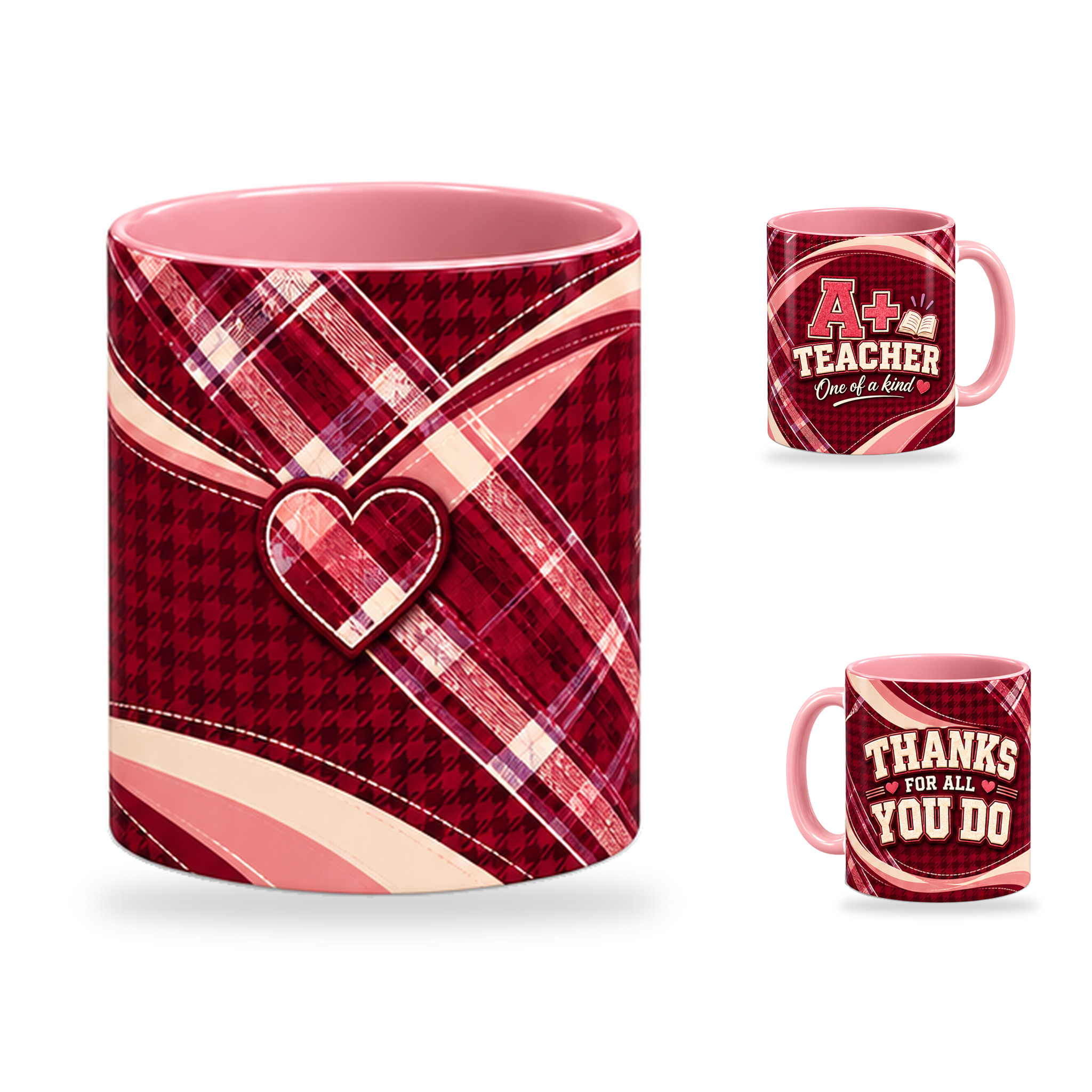 A Plus Teacher Mug – 320ml, Pink ceramic mug, centre-pattern of the Teacher’s Day artwork
