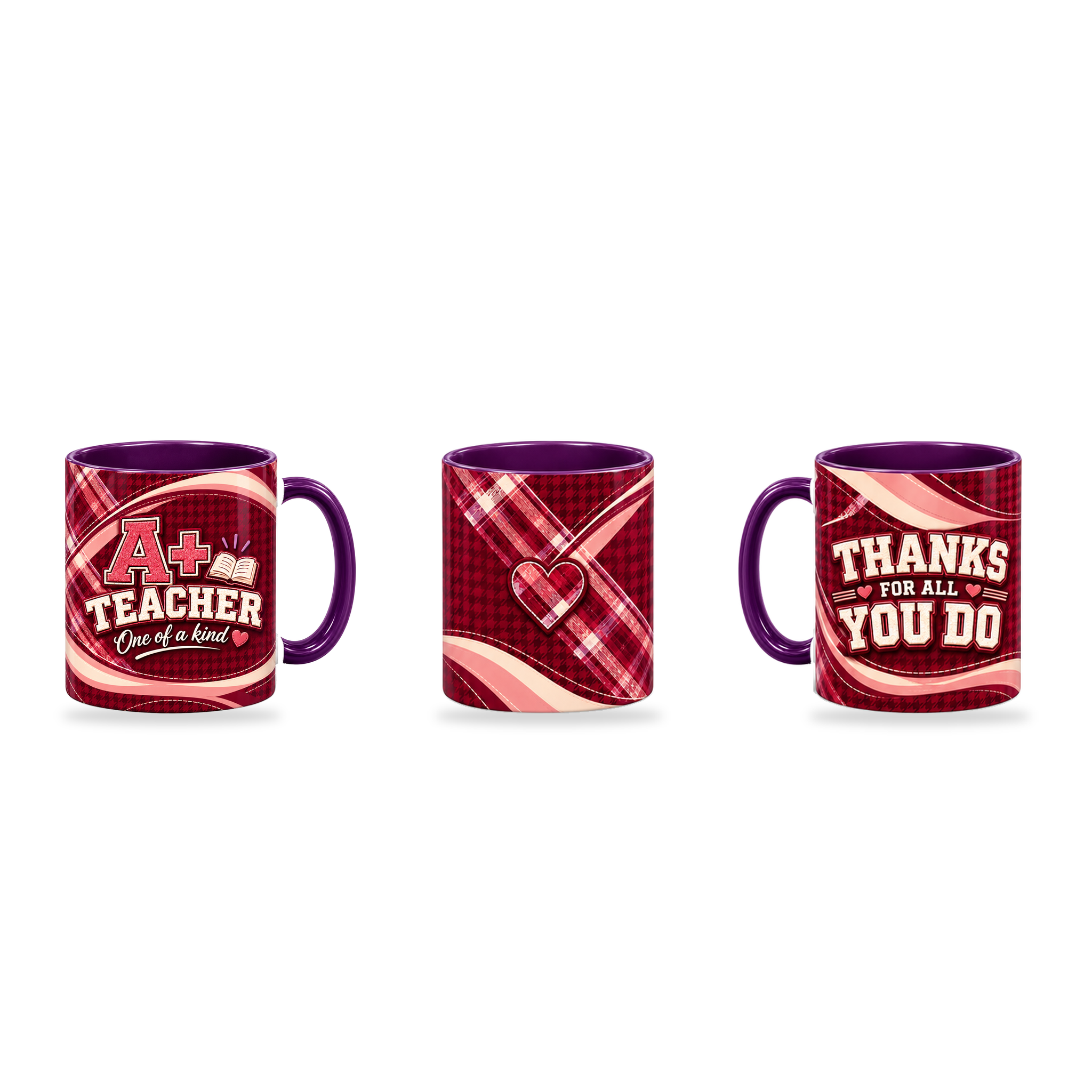 A Plus Teacher Mug – 320ml, Purple ceramic mug, three-angle overview of the Teacher’s Day artwork