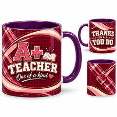A Plus Teacher Mug – 320ml, purple ceramic mug, views of the full-wrap Teacher’s Day design