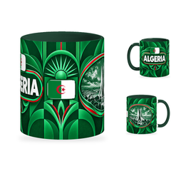 Algeria Mug – 320ml with dark green handle, showing the centered flag view plus companion country-name and landmark views of the glossy full-wrap design by Fann Bliss.