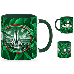 Algeria Mug – 320ml with dark green handle, showing the landmark side plus companion country-name and centered-flag views of the glossy full-wrap design by Fann Bliss.
