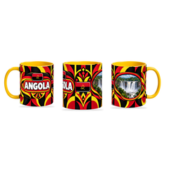 Angola Mug – 320ml with yellow handle, shown in three matching angles of the glossy full-wrap design by Fann Bliss.