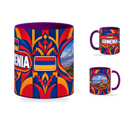 Armenia Mug Purple – 320ml with purple handle, showing the centered flag view plus companion country-name and landmark views of the glossy full-wrap design by Fann Bliss.