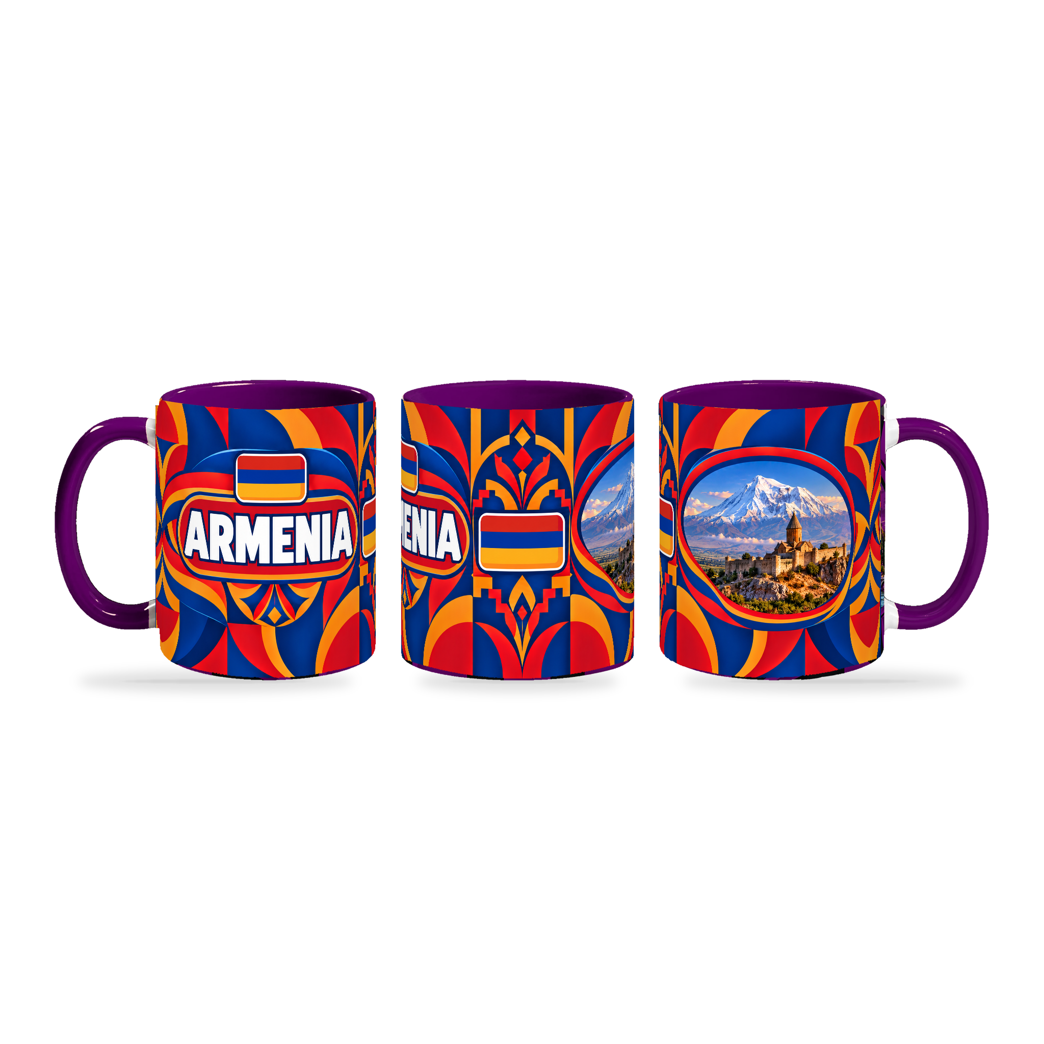 Armenia Mug Purple – 320ml with purple handle, shown in three matching angles of the glossy full-wrap design by Fann Bliss.