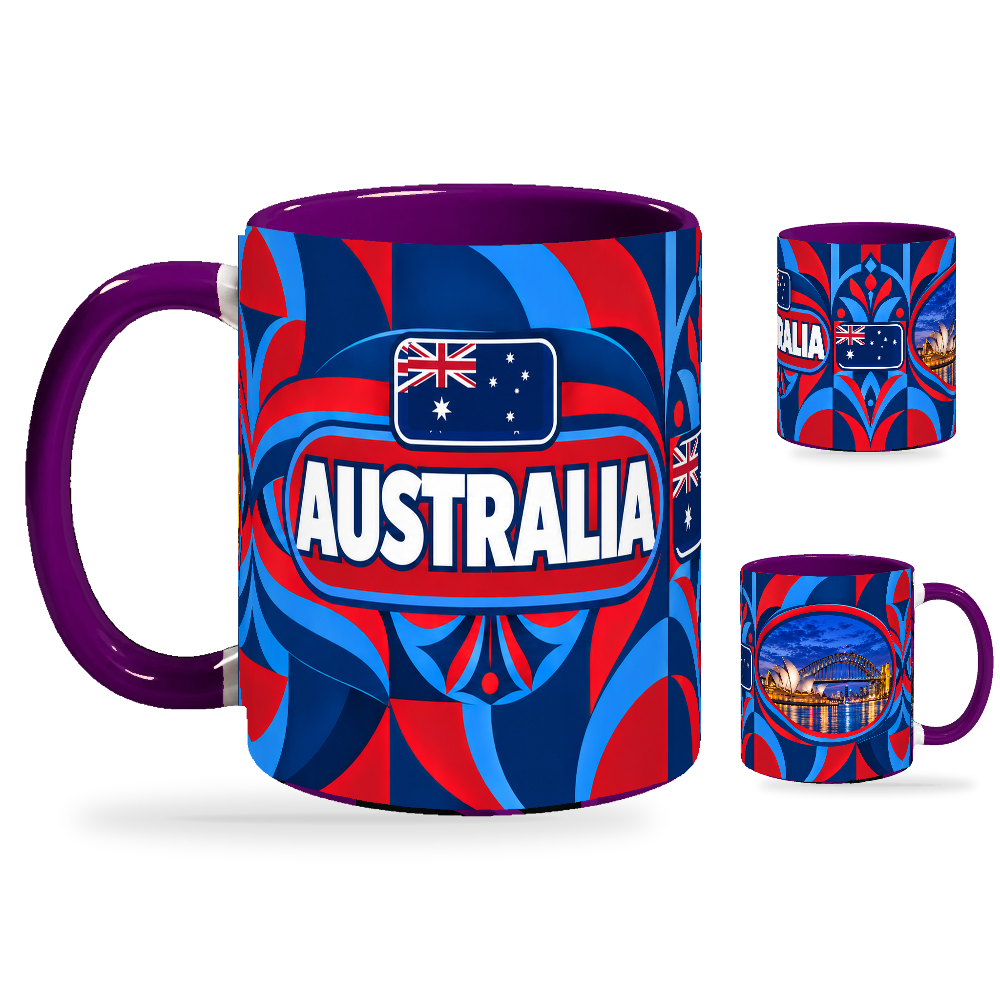 Australia Mug Purple – 320ml with purple handle, showing the country-name side plus companion centered-flag and landmark views of the glossy full-wrap design by Fann Bliss.