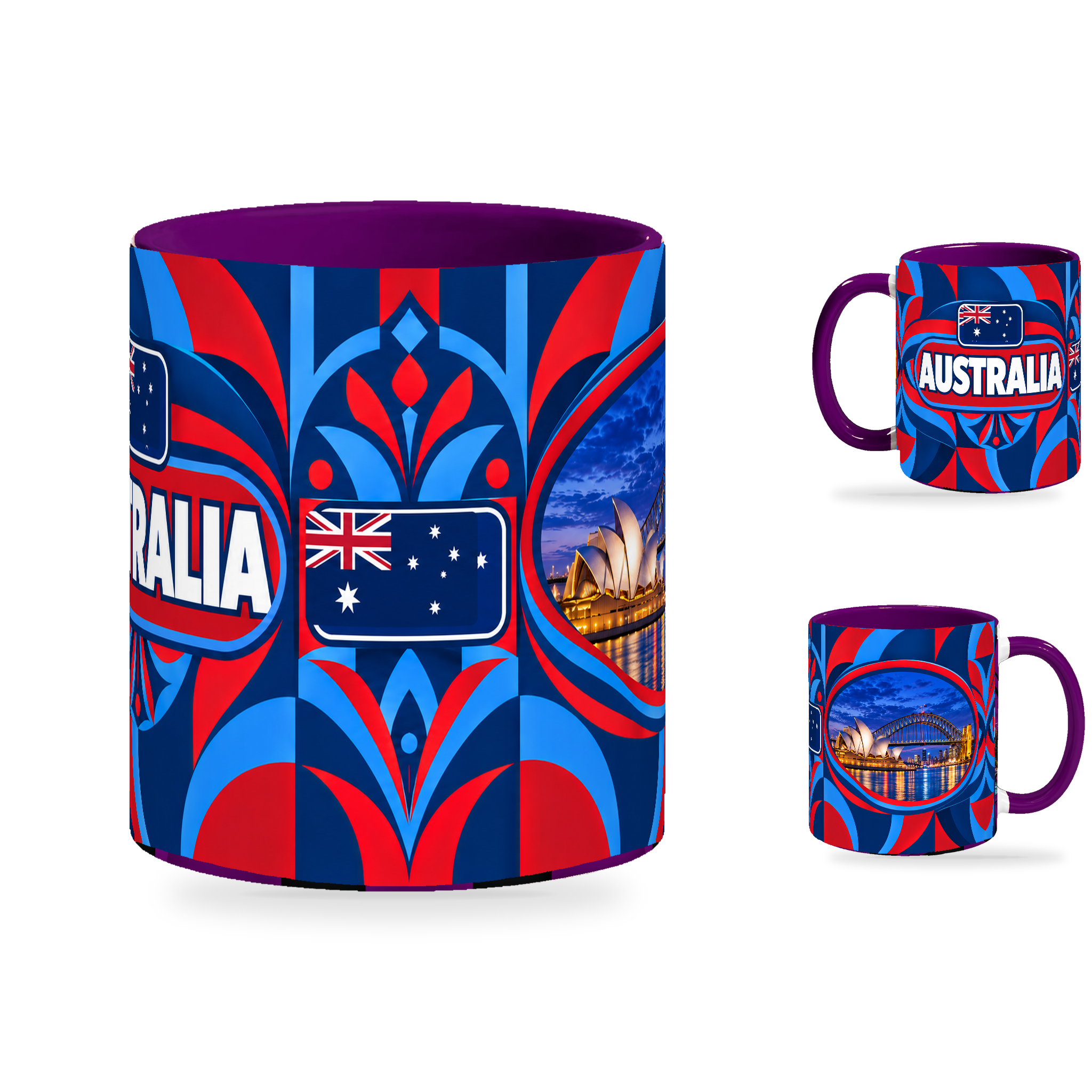 Australia Mug Purple – 320ml with purple handle, showing the centered flag view plus companion country-name and landmark views of the glossy full-wrap design by Fann Bliss.