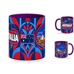 Australia Mug Purple – 320ml with purple handle, showing the centered flag view plus companion country-name and landmark views of the glossy full-wrap design by Fann Bliss.