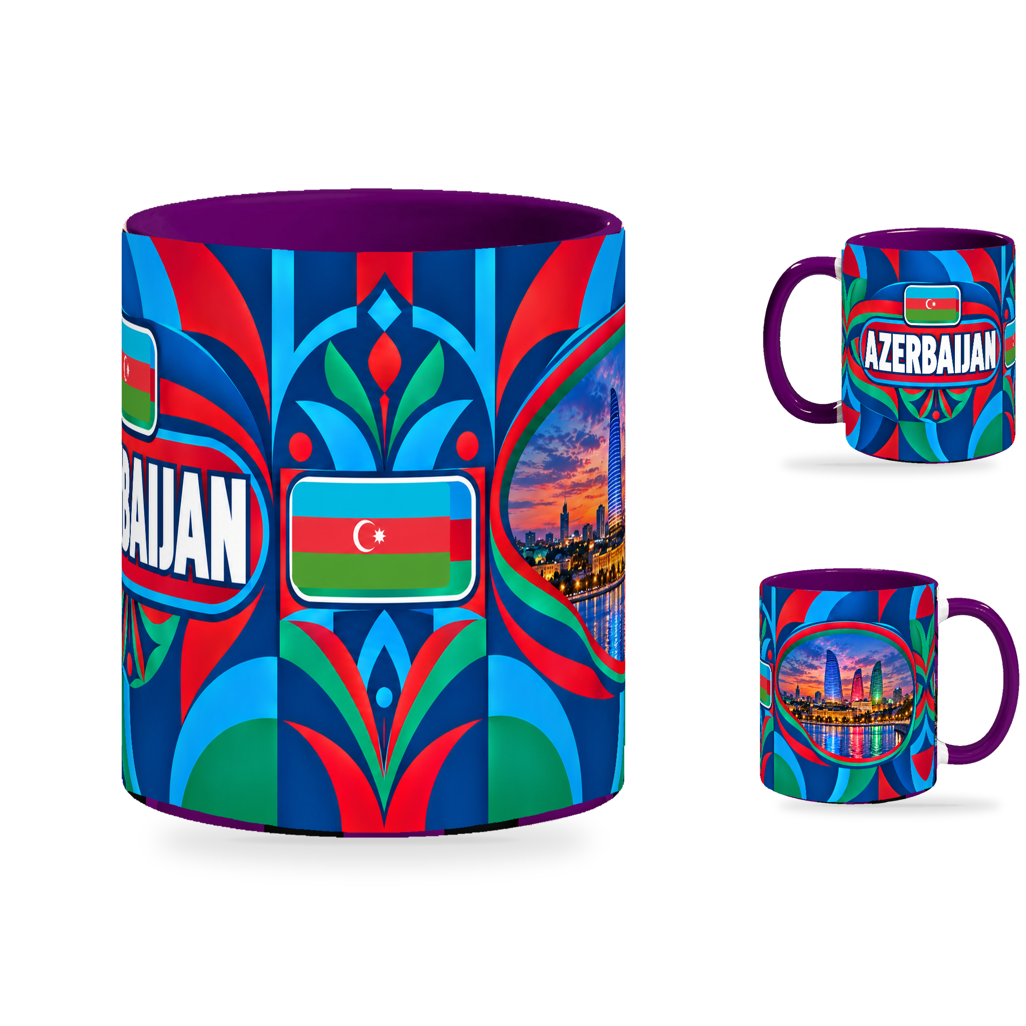 Azerbaijan Mug Purple – 320ml with purple handle, showing the centered flag view plus companion country-name and landmark views of the glossy full-wrap design by Fann Bliss.
