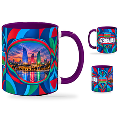 Azerbaijan Mug Purple – 320ml with purple handle, showing the landmark side plus companion country-name and centered-flag views of the glossy full-wrap design by Fann Bliss.