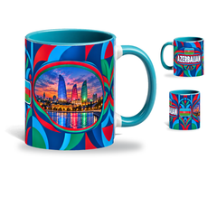 Azerbaijan Mug Teal – 320ml with teal handle, showing the landmark side plus companion country-name and centered-flag views of the glossy full-wrap design by Fann Bliss.