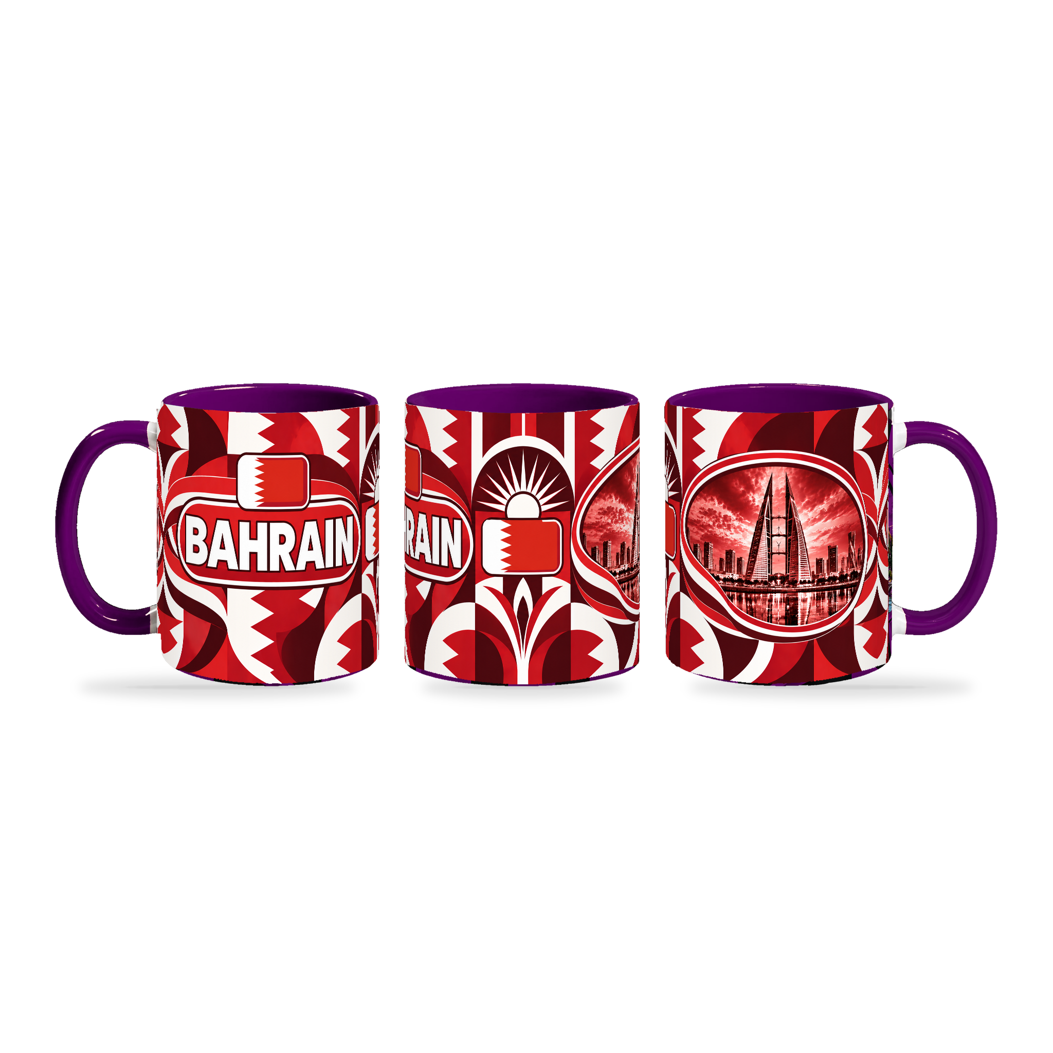 Bahrain Mug – 320ml with purple handle, shown in three matching angles of the glossy full-wrap design by Fann Bliss.