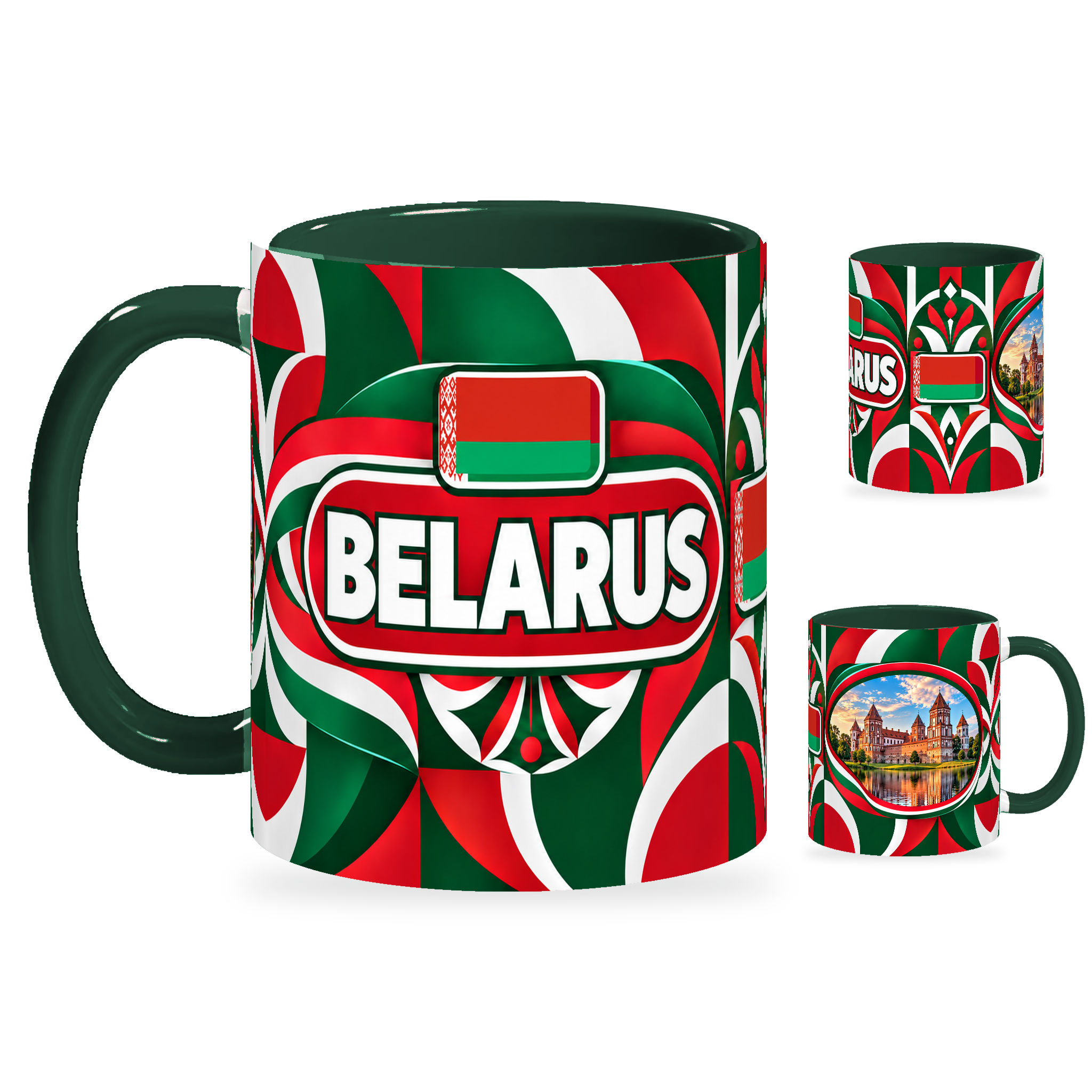 Belarus Mug – 320ml with dark green handle, showing the country-name side plus companion centered-flag and landmark views of the glossy full-wrap design by Fann Bliss.