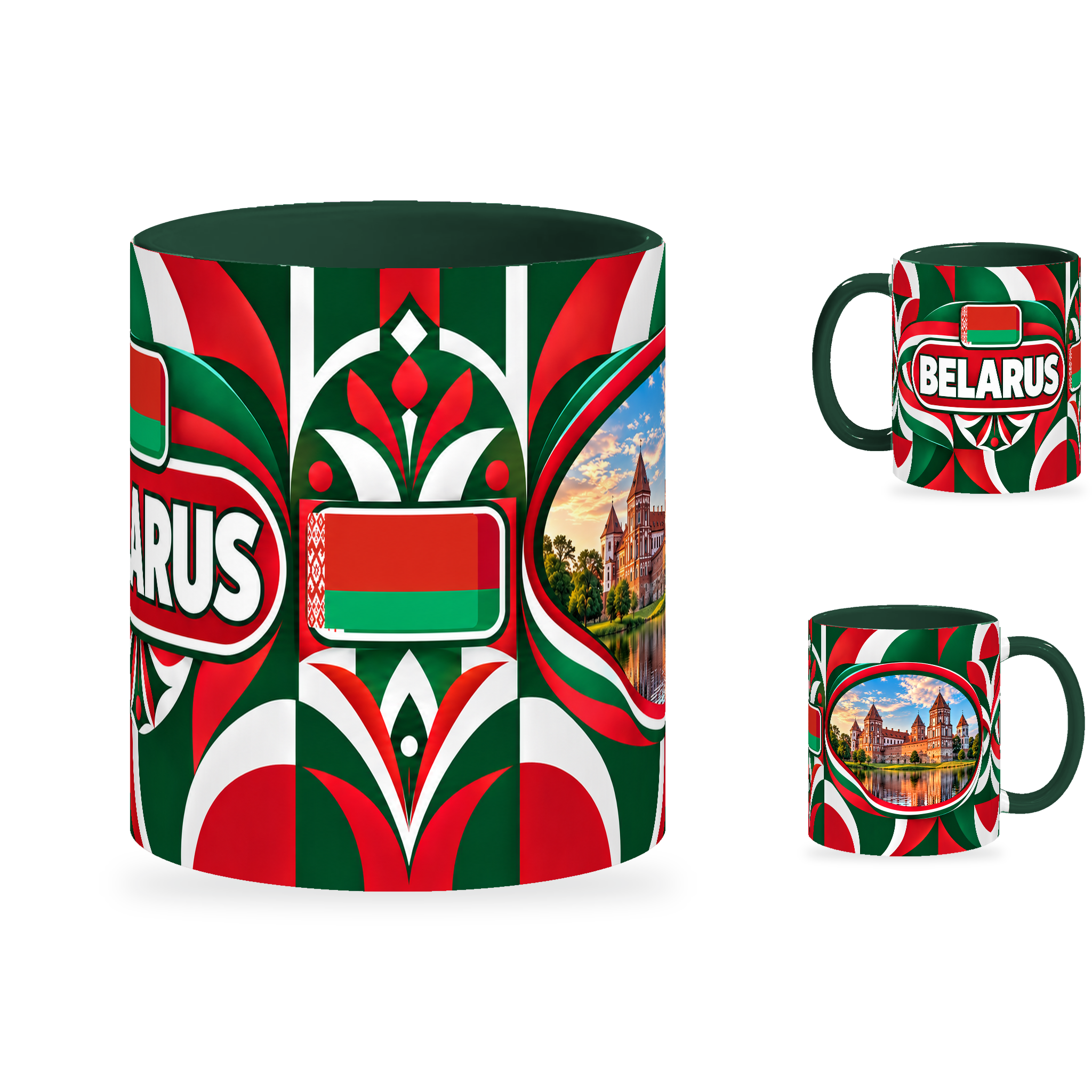 Belarus Mug – 320ml with dark green handle, showing the centered flag view plus companion country-name and landmark views of the glossy full-wrap design by Fann Bliss.