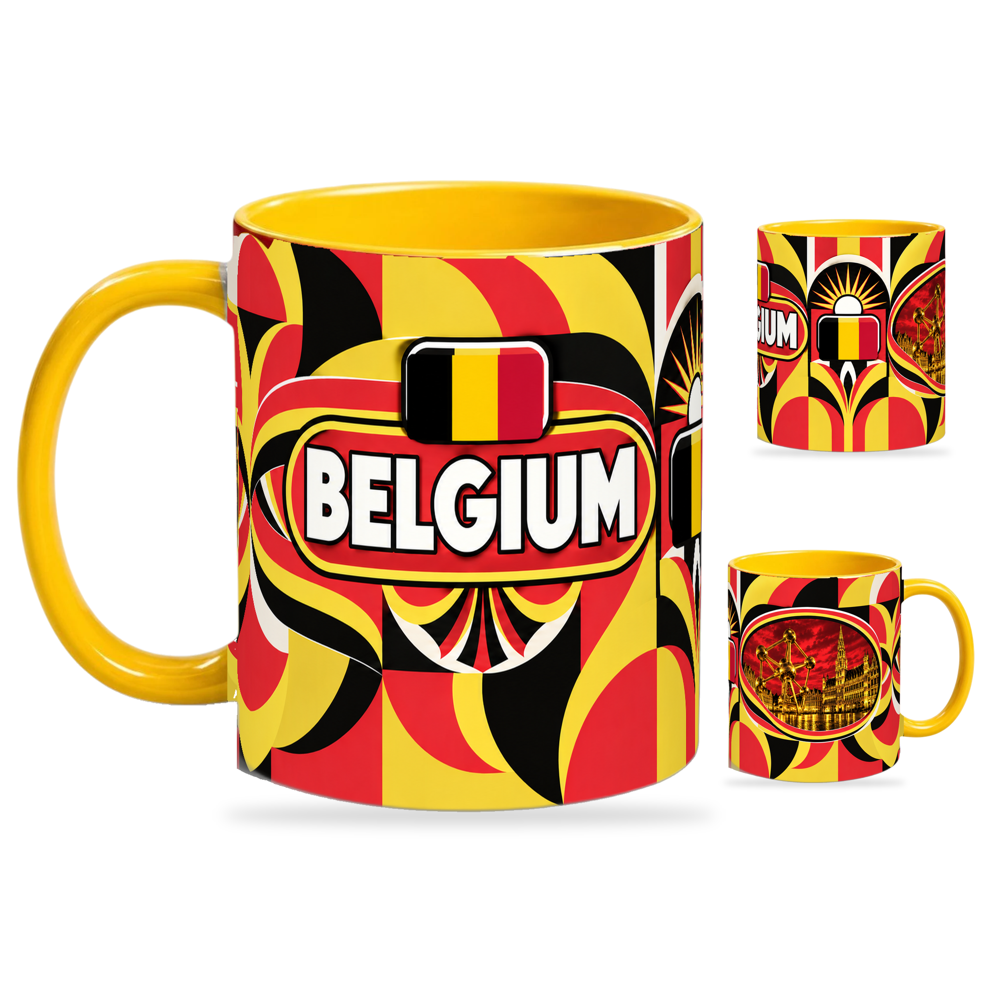 Belgium Mug – 320ml with yellow handle, showing the country-name side plus companion centered-flag and landmark views of the glossy full-wrap design by Fann Bliss.